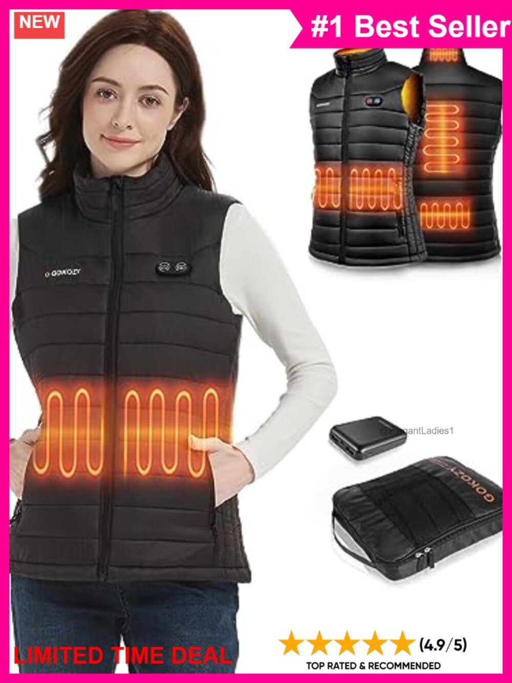 Women's Lightweight Heated Vest with Battery Pack, 5 Heating Zones